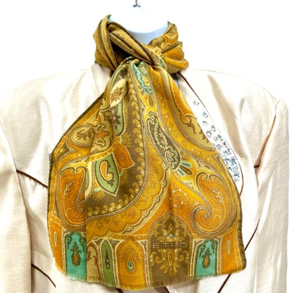 Vgt  ETRO scarf 70%Wool/39% Silk 56"x17" Rusty Gold Blue Paisley Fringed (37) - Picture 3 of 11